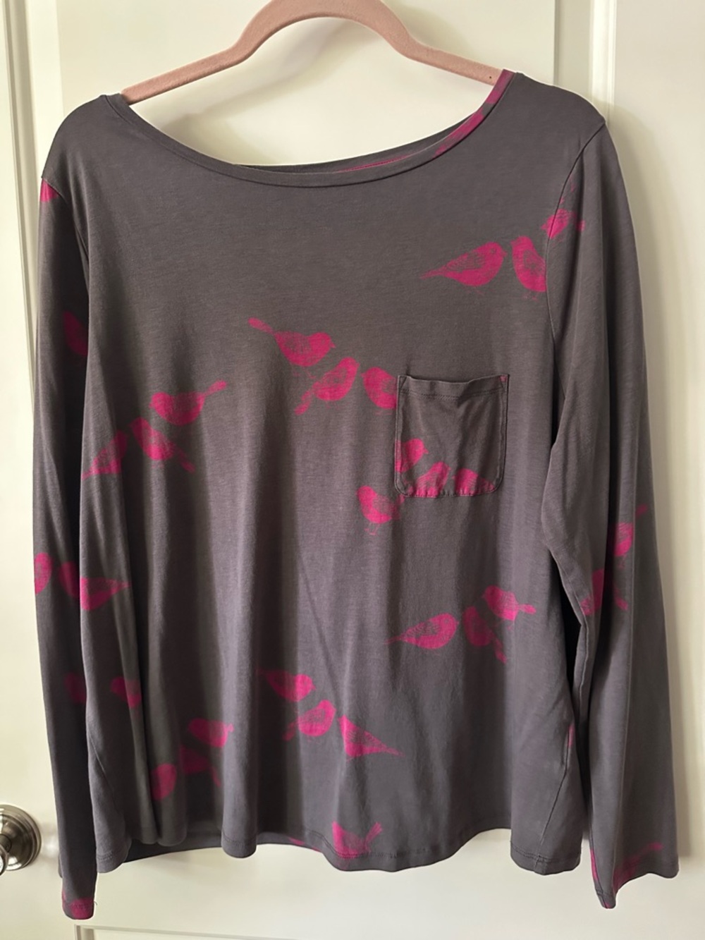 Boden Gray Pink Bird Print Long Sleeve Top Size 16